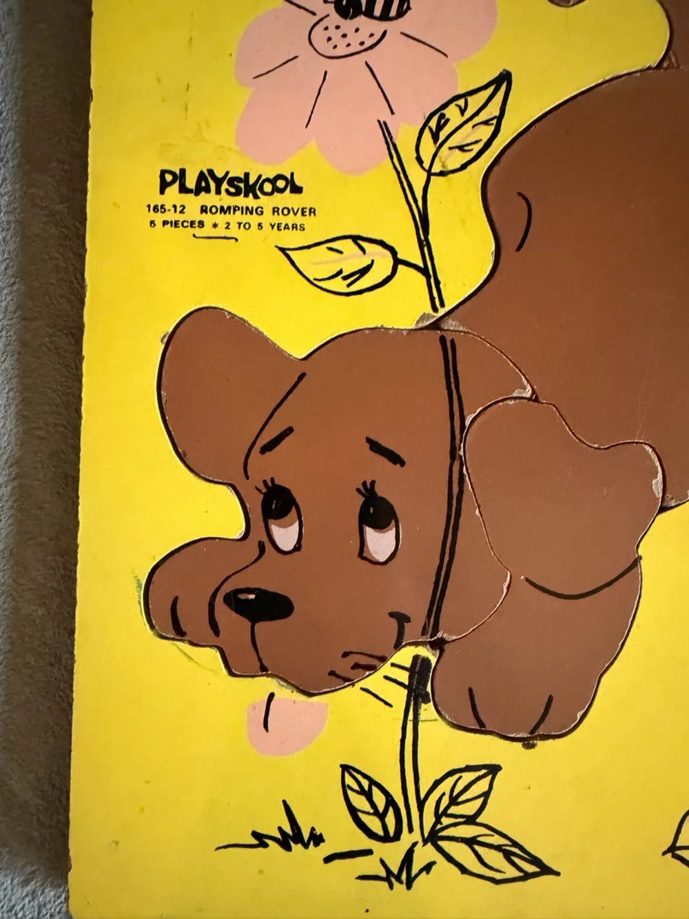 Vintage 1970s Playskool Romping Rover 5 Piece Wooden Tray Puzzle 165-1 Puppy/Bee